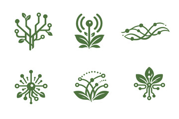 Obraz premium Bio-Tech Icon Set. Solid style icons of Bio-Integrated Tech: branch grid, signal bloom, flowing thread, luminous node, data arc,