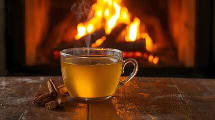 A cup of hot lemon tea with cinnamon sticks and a cozy fireplace in the background, perfect for a relaxing winter day at home
