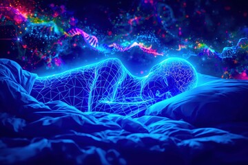 A blue and purple image of a person sleeping