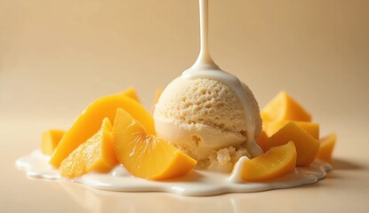 Vanilla Ice Cream Scoop with Fresh Mango Slices and Creamy Sauce