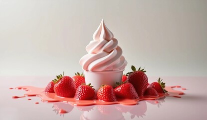 Strawberry Soft Serve Ice Cream with Fresh Berries and Syrup Splash