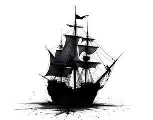 Vintage Sailing Ship Silhouette Illustration on White Background