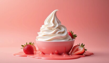 Soft Serve Vanilla Frozen Yogurt with Fresh Strawberries and Pink Glaze