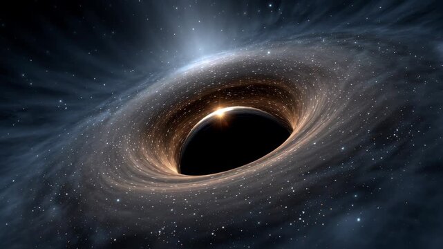 Cosmic black hole formation sequence showcasing swirling gas and luminous accretion disk, illustrating gravitational pull and light distortion in deep space environment with stellar backdrop
