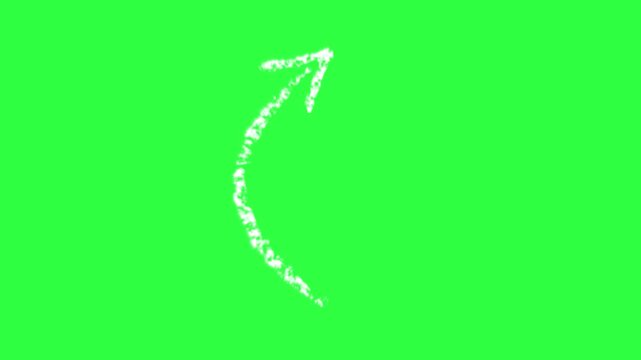 curved chalk hand drawn white arrow in a free hand chalky sketch blackboard scratchy style 4K animation isolated on a chroma key green screen background