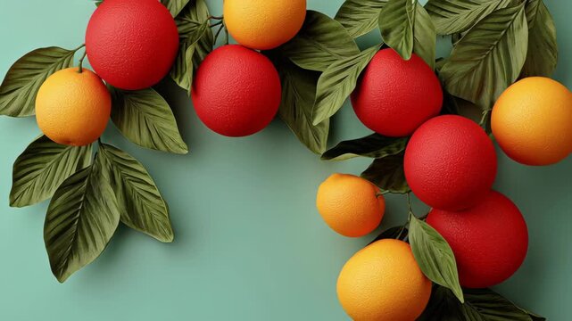 Vibrant arrangement of red and orange fruits with lush green leaves on a soft blue background showcasing the colorful progression of citrus elements in a visually appealing composition