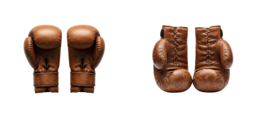 Two pairs of brown leather boxing gloves, one modern and one worn vintage style, are displayed side by side showing a comparison of old and new sports equipment for combat