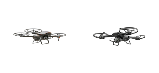 Pair of modern unmanned aerial vehicles, one black and one white, fly with high-resolution cameras for professional photography, videography, and surveillance
