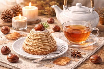 Chestnut montblanc dessert with hot tea in cozy setting