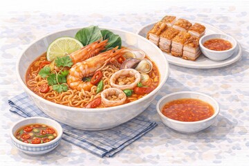 Tom yum seafood instant noodles with crispy pork belly