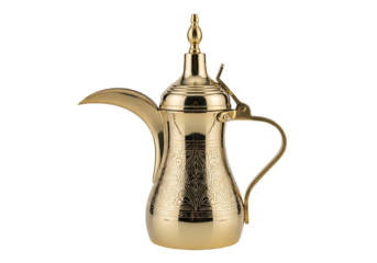 golden dallah coffee pot with ornate handle on white background