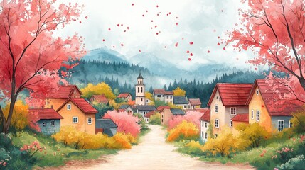 Watercolor painting, picturesque rural landscape with a winding road leading through a village with blooming trees and distant mountains.