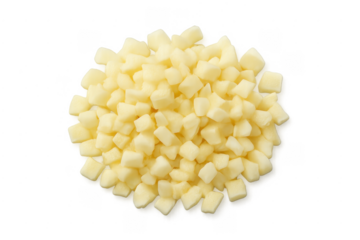 Diced mozzarella cheese cubes on transparent background