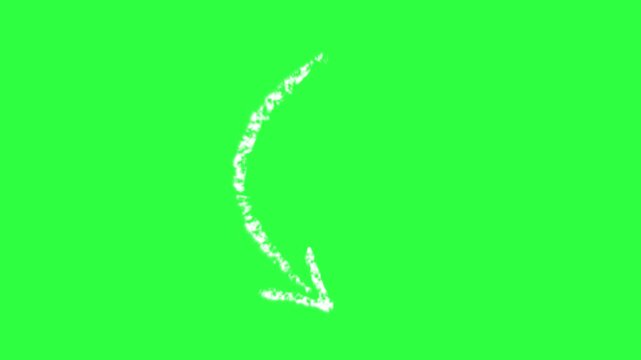 curved chalk hand drawn white arrow in a free hand chalky sketch blackboard scratchy style 4K animation isolated on a chroma key green screen background