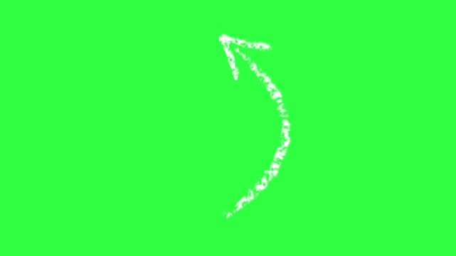 curved chalk hand drawn white arrow in a free hand chalky sketch blackboard scratchy style 4K animation isolated on a chroma key green screen background