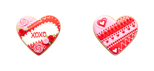 Two heart shaped Valentine's Day cookies are intricately decorated with pink, red, and white royal icing, featuring floral roses, XOXO lettering, and romantic folk art patterns