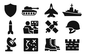 Military Strategy Icons. Solid style icons of military strategy: defense shield, tank silhouette, fighter jet, naval destroyer,