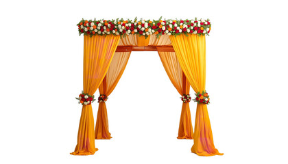 A beautifully decorated yellow wedding arch with flowers on transparent background