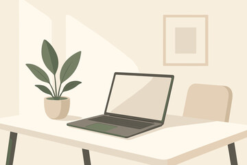 Minimalist Workspace Design. Minimalist modern workspace with a sleek vector illustration desk, laptop, and potted plant,