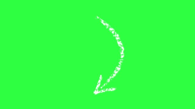 curved chalk hand drawn white arrow in a free hand chalky sketch blackboard scratchy style 4K animation isolated on a chroma key green screen background