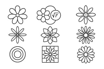 Geometric Floral Icons. Line style icons of flower head mathematics: petal symmetry, circular formula, bloom ratio, radial count,