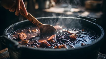 Traditional Brazilian Feijoada Being Cooked in Cast Iron Pot with Wooden Spoon
