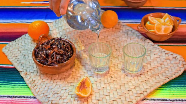 Serving traditional mexican mezcal with chapulines