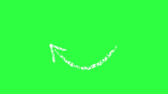 curved chalk hand drawn white arrow in a free hand chalky sketch blackboard scratchy style 4K animation isolated on a chroma key green screen background