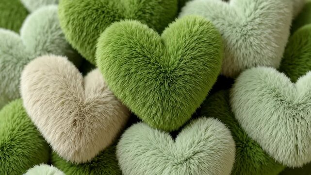 Plush heart-shaped cushions in various shades of green and beige arranged in a visually appealing pattern showcasing soft textures and inviting designs for home decor or gifting purposes