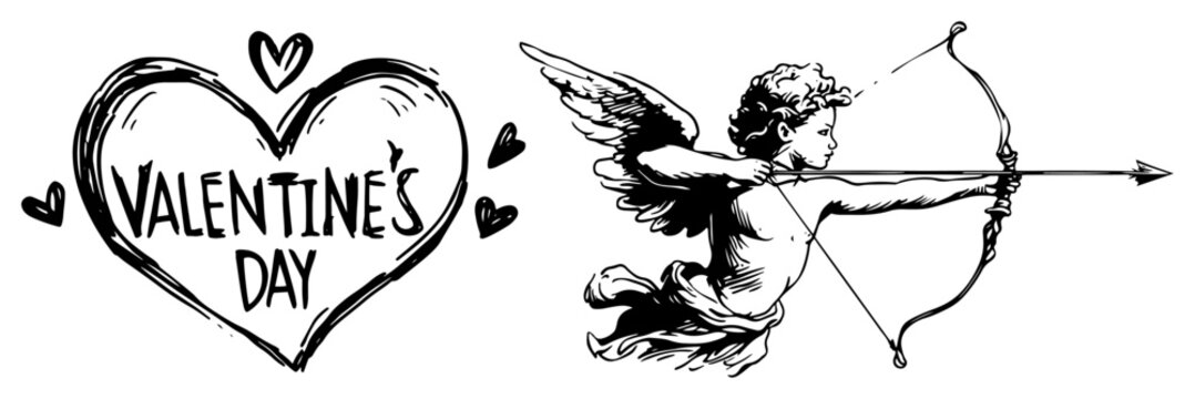 Hand drawn cupid shooting arrow at valentine heart symbol