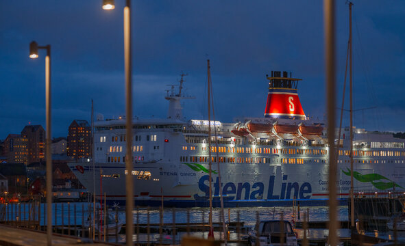 Gothenburg, Sweden - november 02 2025: Stena Line ferry ship illuminated in harbor at night.