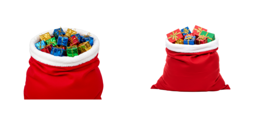Two vibrant red holiday sacks with soft white trim, one full of small metallic gifts and the other with larger presents, symbolizing festive giving and seasonal joy