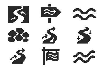 Hydrodynamic Path Icons. Solid style icons of hydrodynamic path markers: river current map, flow-based direction sign,