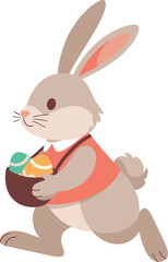 Cute cartoon rabbit running with a basket of colorful easter eggs outdoors