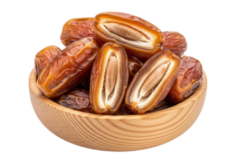 medjool dates in a wooden bowl on white background