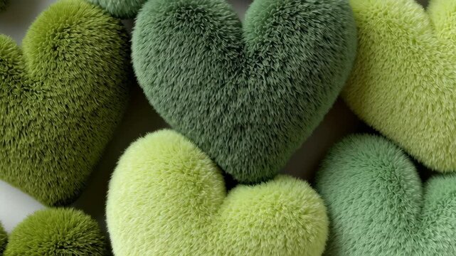 Plush heart-shaped cushions in various shades of green arranged closely together showcasing texture and softness, highlighting the intricate details of fabric and design in a visually appealing compos