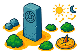 Archaeoastronomy Icons Set. Isometric vector illustration set Archaeoastronomy Marker: engraved stone pillar, small satellite