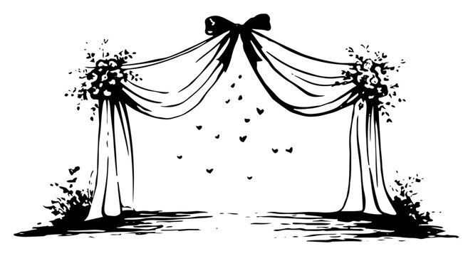 Vintage hand drawn sketch of wedding arch with curtains and flowers