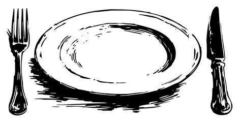 Empty round dinner plate with fork and knife table setting sketch © Tomas