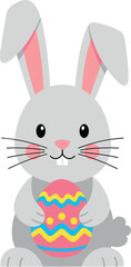 Cute gray bunny holding a colorful easter egg on white background