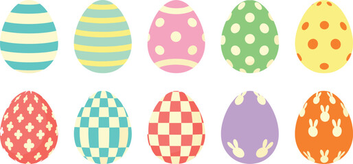 Colorful easter eggs with various patterns isolated on white background