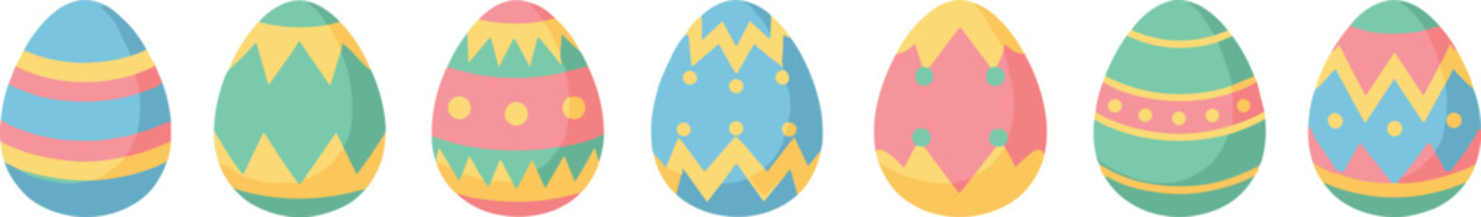 Colorful easter eggs with various patterns on white background