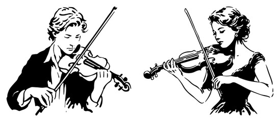 Two professional musicians playing violin in elegant sketch style