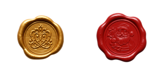 Two detailed wax seals, a shiny gold one with a royal crown emblem and a vibrant red one with a festive Santa Claus, for holiday letters and invitations