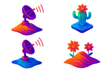 Neon Desert Antennas. Isometric vector illustration set Dune Antenna Bloom: luminous desert antennas, neon dunes, floating