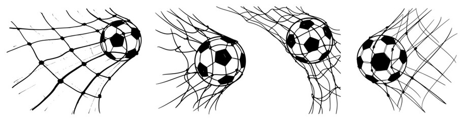 Collection of soccer balls hitting the net representing a goal in sketch style © Tomas