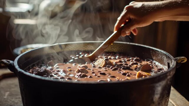 Traditional Brazilian Feijoada Being Cooked in Cast Iron Pot with Wooden Spoon
