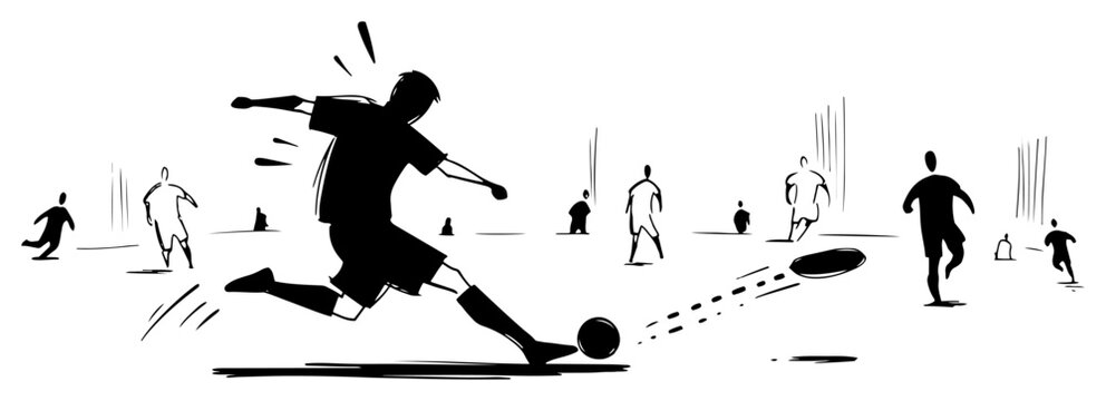 Soccer player kicking the ball during a match in dynamic hand drawn sketch style