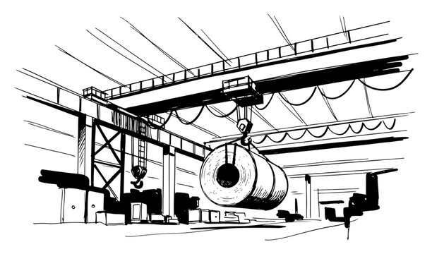 Industrial warehouse interior sketch with overhead crane lifting heavy steel coil