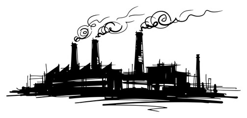 Obraz premium Silhouette of a large industrial plant with chimneys and smoke plumes sketch